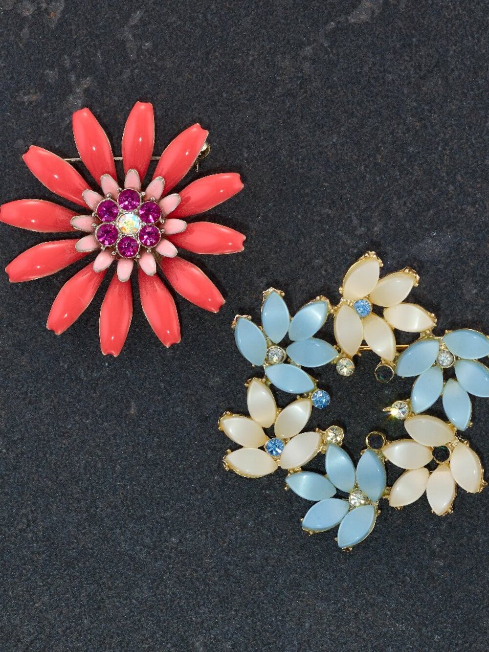 Vintage 1960s Retro Floral Enamel & Rhinestone Brooch Set (2 Pieces)